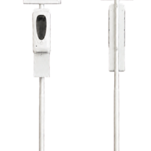 Voor- en achterkant van een witte staande desinfectiezuil met automatische dispenser en aanpasbaar posterframe